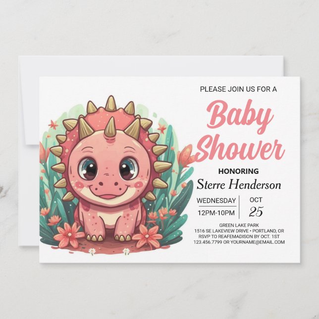 Invitation Baby shower fille dinosaure rose fille (Devant)