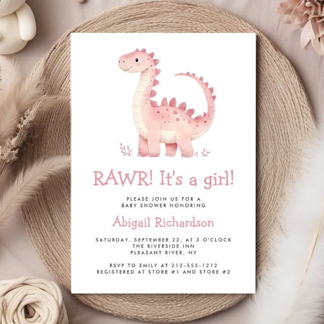 Invitation Baby Shower Fille Dinosaure Rose Mignonne (Créateur téléchargé)
