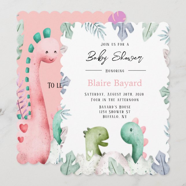 Invitation Baby shower fille Dinosaures rose et Turquoise (Devant / Derrière)