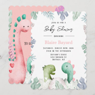 Invitation Baby shower fille Dinosaures rose et Turquoise