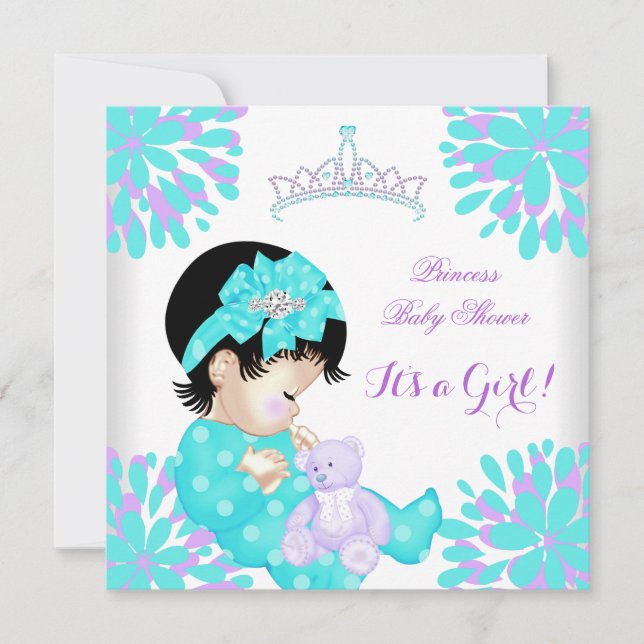 Invitation Baby Shower Fille Douce Bébé Sarcelle Ours Violet (Devant)