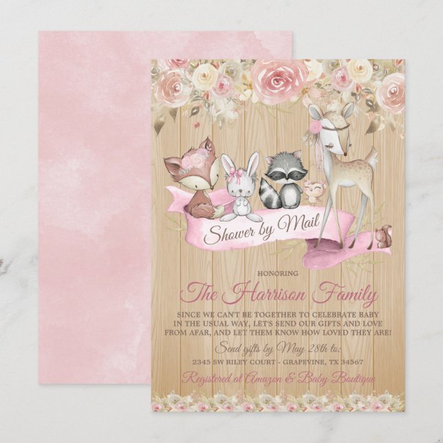 Invitation Baby Shower Fille Douce Forêt Virtuelle Par Courri (Devant / Derrière)