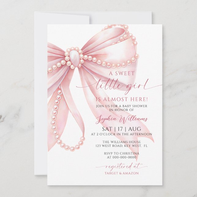 Invitation Baby Shower Fille Douce Ruban Rose Perl (Devant)