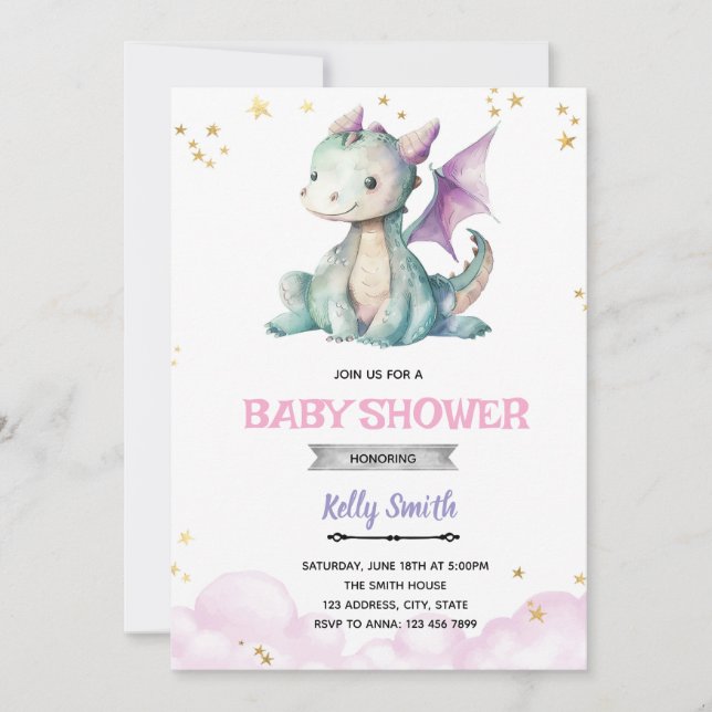 Invitation baby shower fille dragon (Devant)