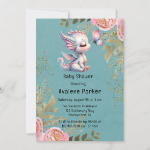 Invitation Baby shower fille dragon mignonne et papillon