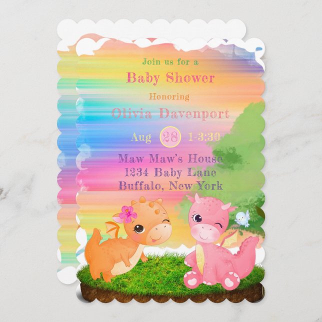 Invitation Baby shower fille dragons rose mignon (Devant / Derrière)