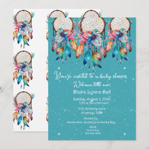 Invitation Baby shower fille Dreamcatcher Turquoise et Rose