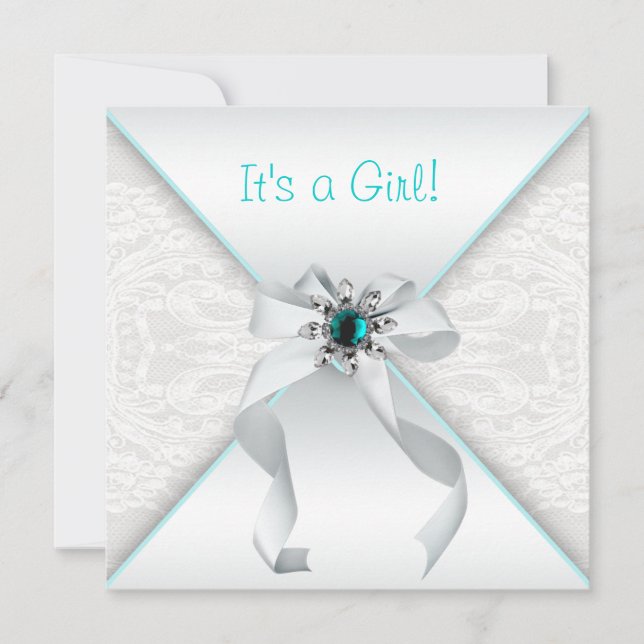 Invitation Baby Shower Fille Élégant Blanc et Bleu Turquoise (Devant)