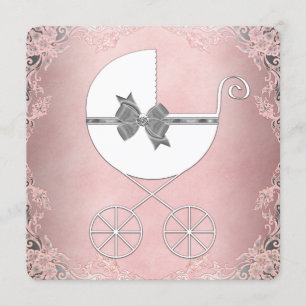 Invitation Baby Shower Fille Élégant Gris Rose Dentelle