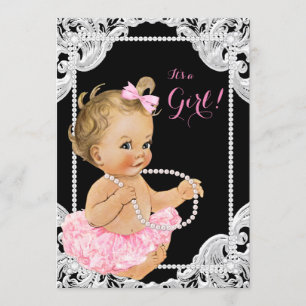 Invitation Baby Shower Fille Élégant Perle Rose et Noir