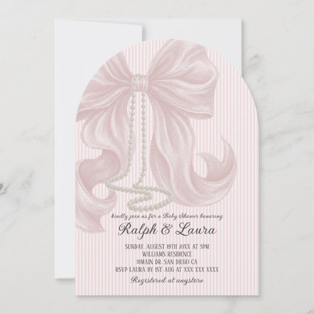 Invitation Baby shower Fille Élégante Perle Bow (Devant)