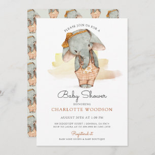 Invitation Baby shower fille Eléphant à l'aquarelle mignonne