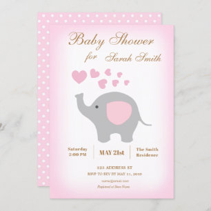 Invitation Baby shower fille Elephant Coeurs roses