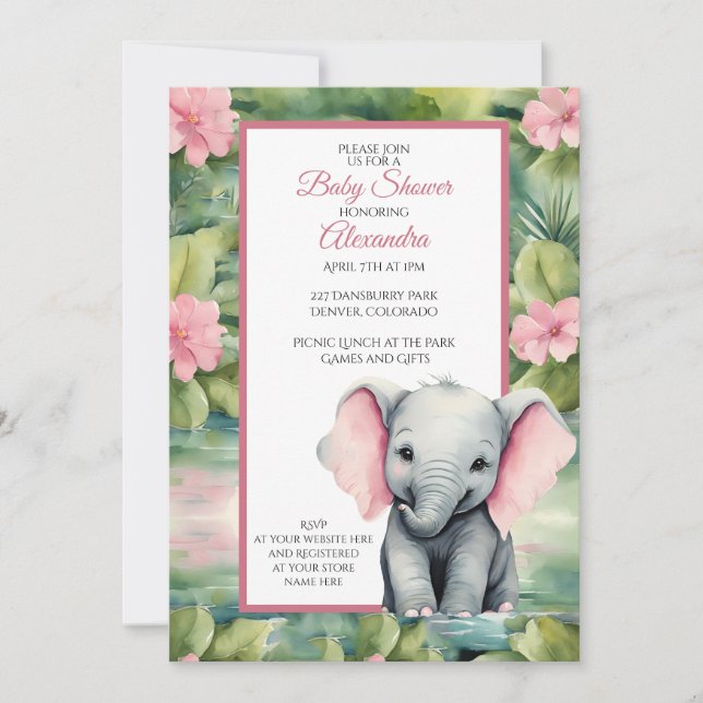 Invitation Baby shower fille Eléphant mignon (Devant)