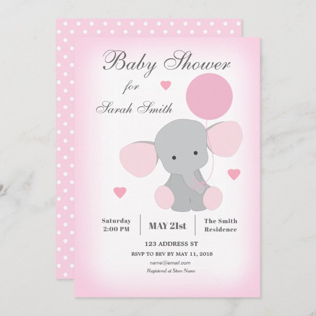 Invitation Baby shower fille éléphant rose (Devant / Derrière)