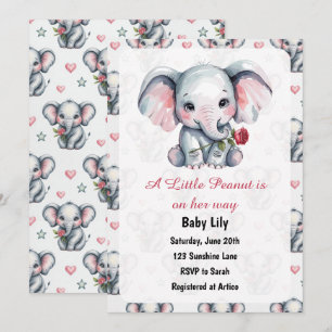 Invitation Baby Shower Fille Éléphant Roseau Aquarelle Rose