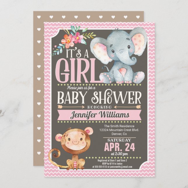 Invitation Baby shower Fille Eléphant & Singe (Devant / Derrière)