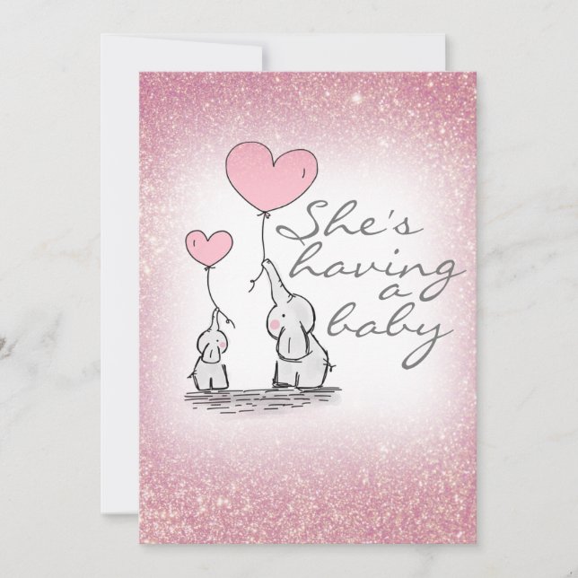 Invitation Baby Shower Fille Éléphants Pailletés Rose (Devant)