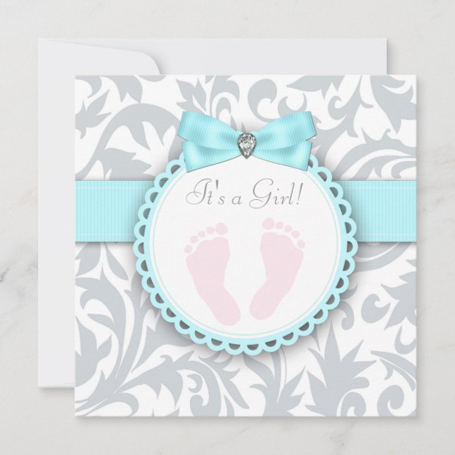 Invitation Baby Shower Fille Empreinte Bleu Sarcelle et Gris (Devant)