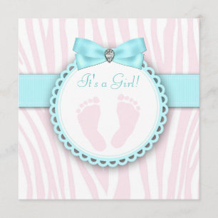 Invitation Baby Shower Fille Empreinte Rose et Bleu Turquoise