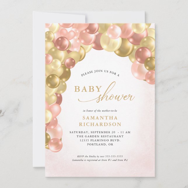 Invitation Baby shower fille en arc rose et or (Devant)
