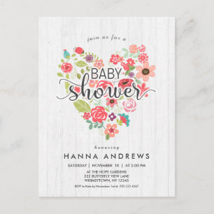 Invitation Baby shower fille en bois blanc et coeu