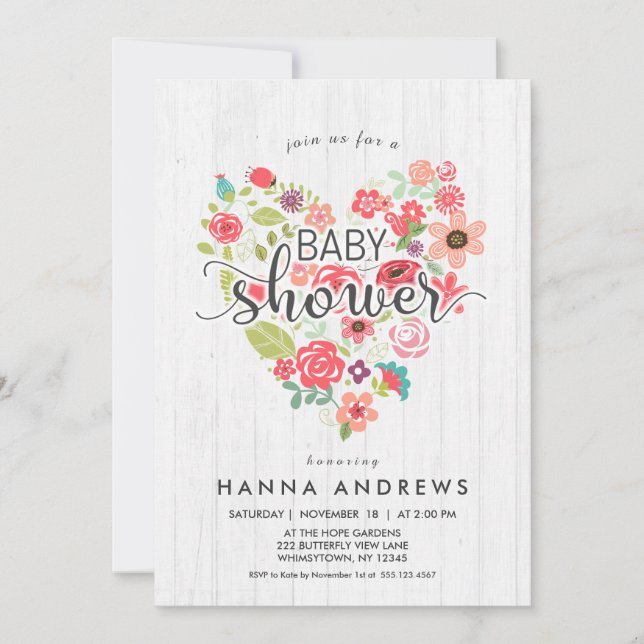 Invitation Baby shower fille en bois blanc et coeu (Devant)