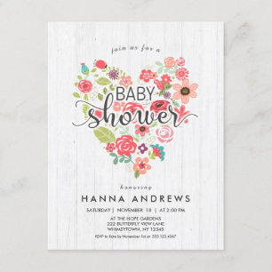 Invitation Baby shower fille en bois blanc et coeu