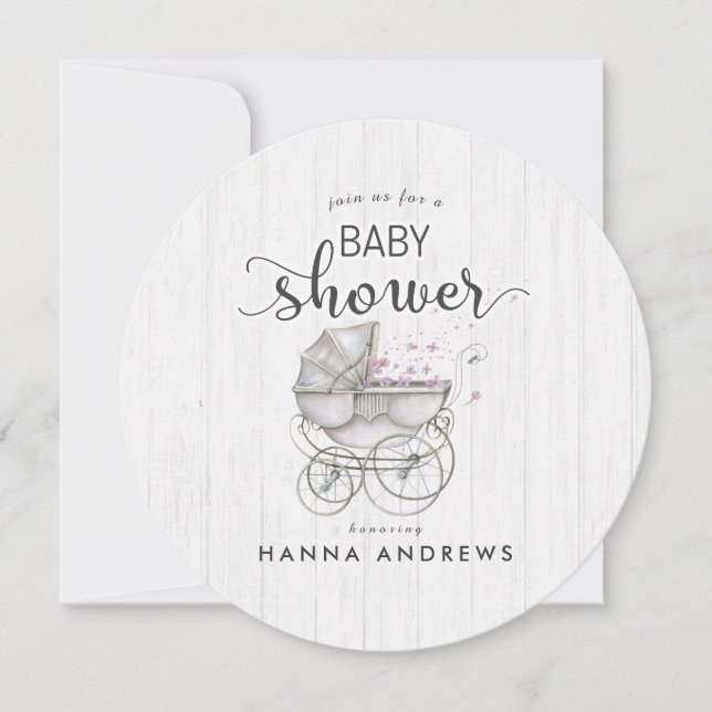 Invitation Baby shower fille en bois blanc et tran (Devant)