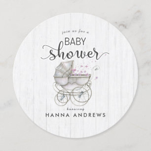 Invitation Baby shower fille en bois blanc et tran