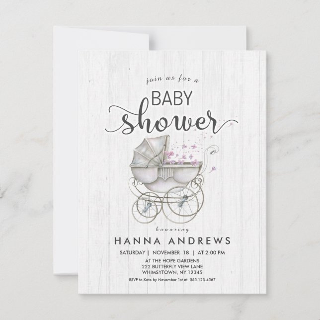 Invitation Baby shower fille en bois blanc et tran (Devant)