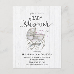 Invitation Baby shower fille en bois blanc et tran