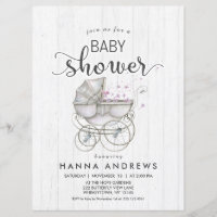 Invitation Baby shower fille en bois blanc et tran