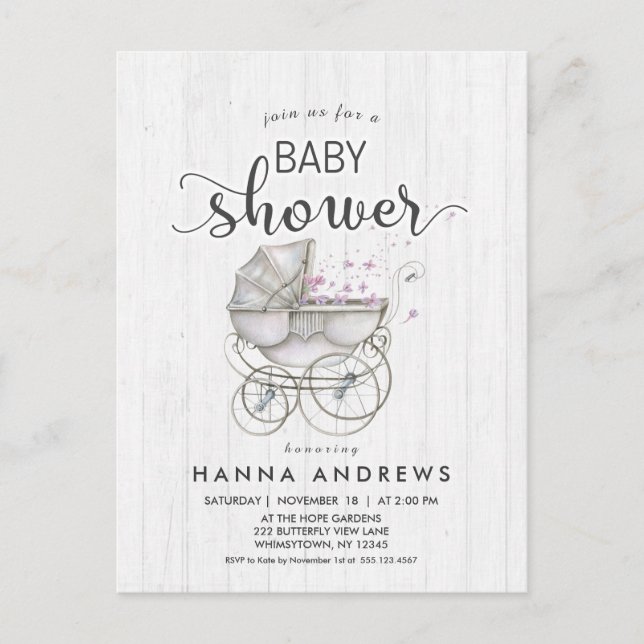 Invitation Baby shower fille en bois blanc et tran (Devant)