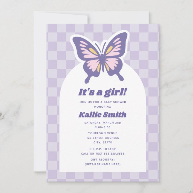 Invitation Baby shower fille en carton papillon Lavender (Devant)