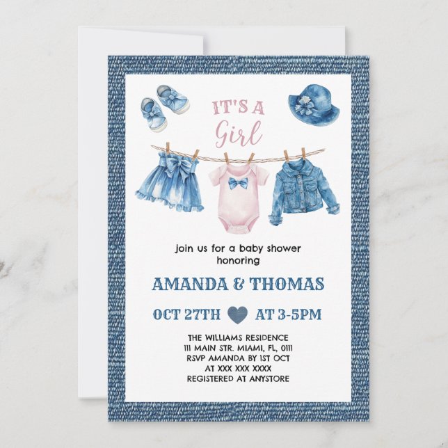 Invitation Baby Shower Fille en Jean Bleu (Devant)