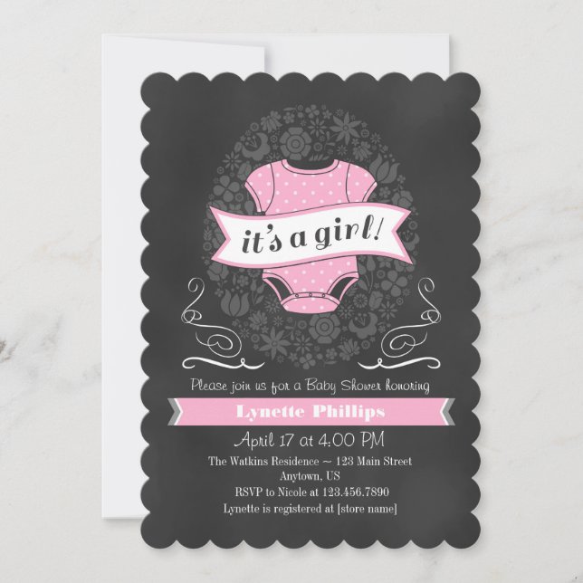 Invitation Baby shower fille en tableau rose (Devant)