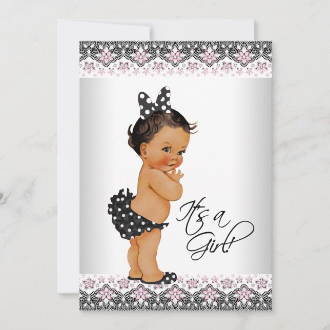 Invitation Baby Shower Fille Ethnique Rose Broderie (Devant)