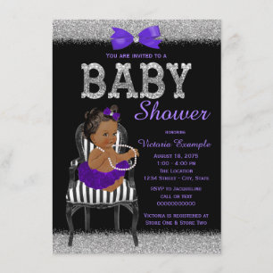 Invitation Baby Shower Fille Ethnique Violet Noir et Argent