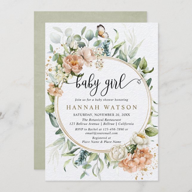 Invitation Baby shower fille Eucalyptus rose rose pâle (Devant / Derrière)