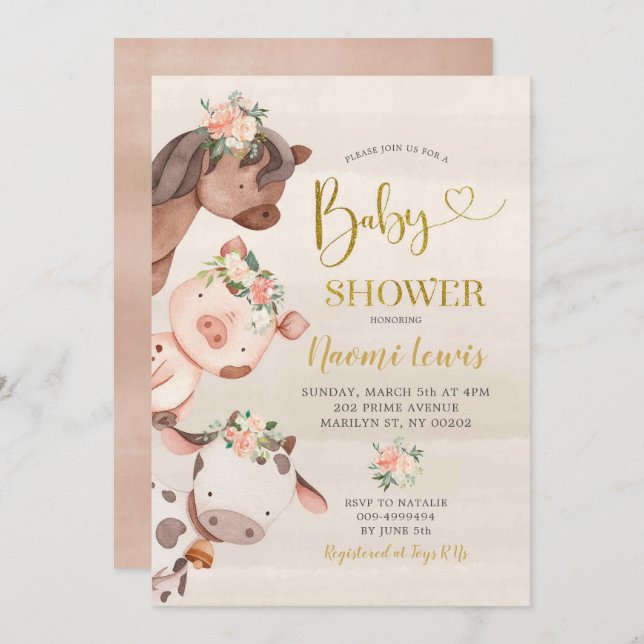 Invitation Baby shower Fille Ferme Florale (Devant / Derrière)