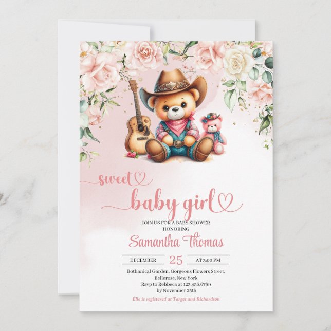 Invitation Baby shower fille fille ours en peluche mignonne (Devant)