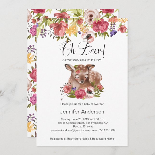 Invitation Baby shower Fille Fille Rose Oh Deer (Devant / Derrière)