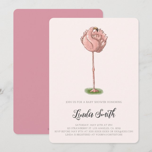 Invitation Baby Shower Fille Flamant Rose Mignon (Devant / Derrière)