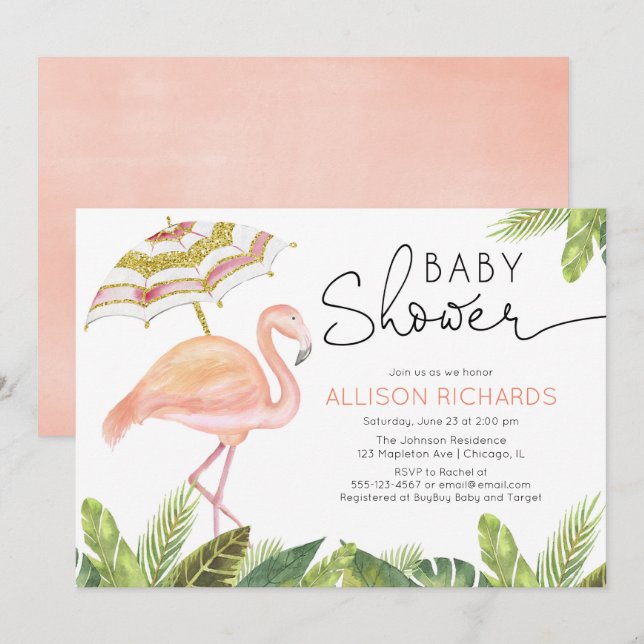 Invitation baby shower fille Flamant rose or rose (Devant / Derrière)