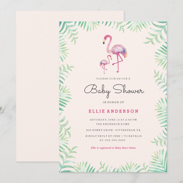 Invitation Baby shower fille Flamant rose rose (Devant / Derrière)