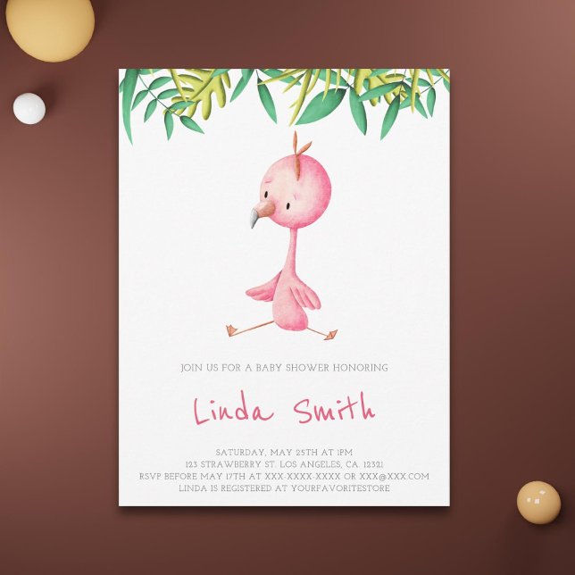 Invitation Baby Shower Fille Flamant Tropical Simple (Créateur téléchargé)