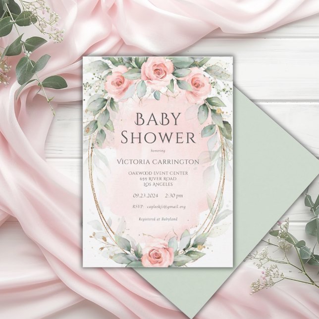 Invitation Baby Shower Fille Fleur Aquarelle Rose (Créateur téléchargé)