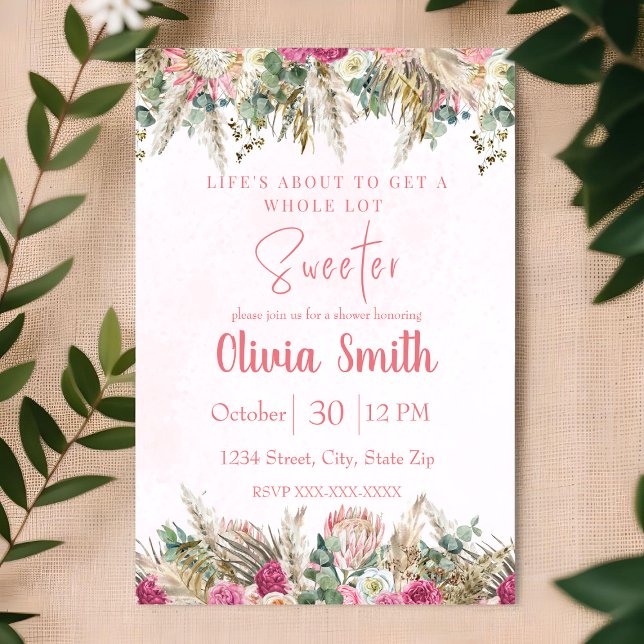 Invitation Baby Shower Fille Fleur de Pampas Bohème Rose (Créateur téléchargé)