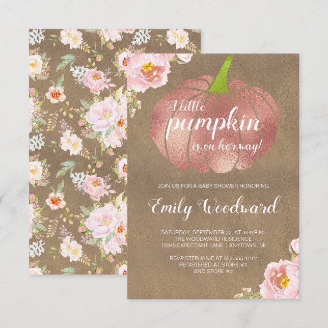 Invitation Baby Shower Fille Fleur Rose Citrouille Rustique (Devant / Derrière)